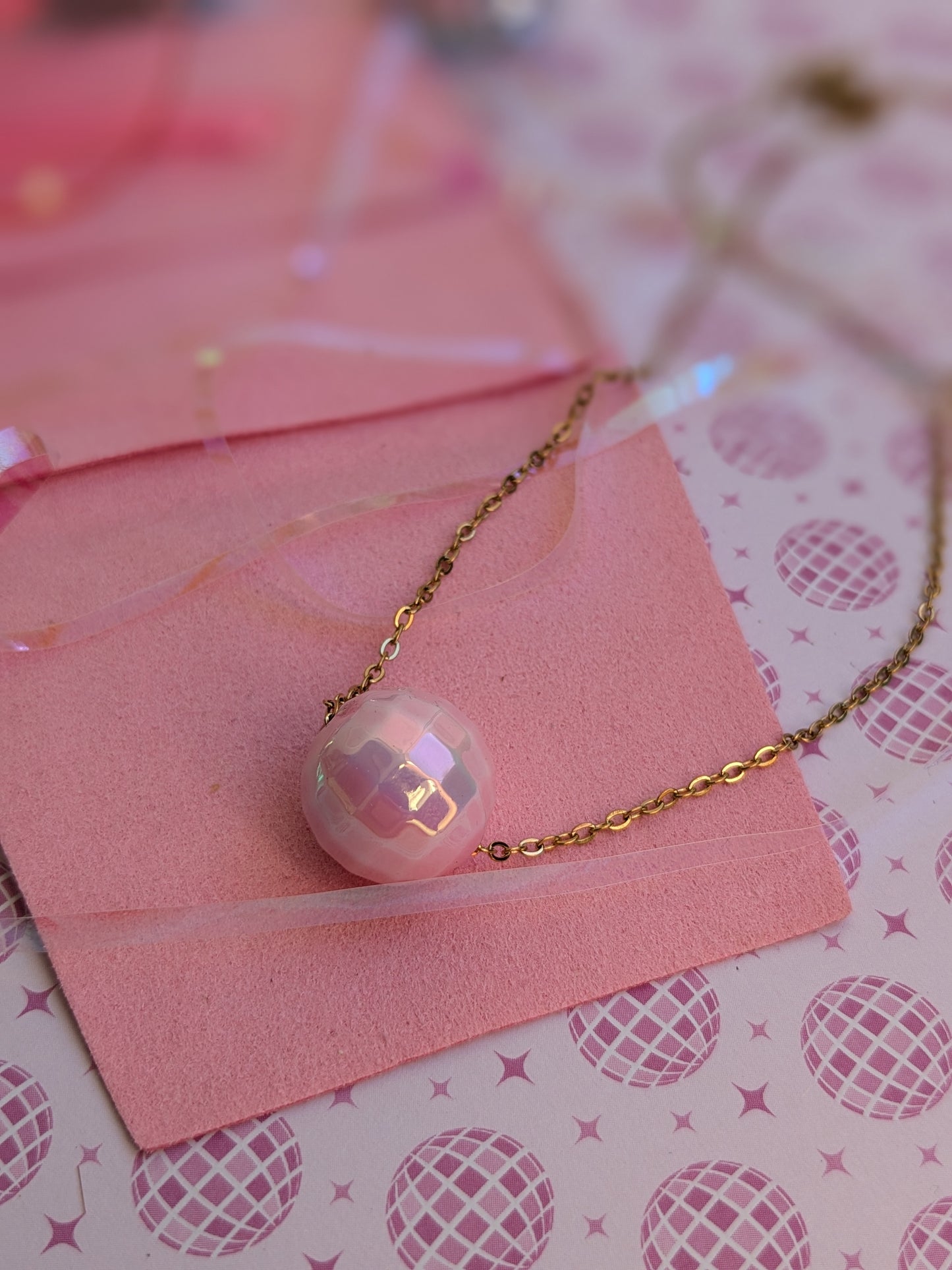 Collier boule à facette Rose poudré 💕